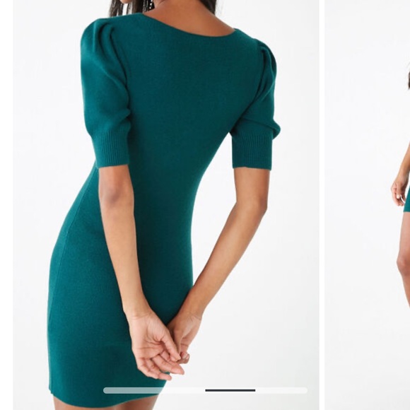 Emerald green knit sweater mini dress - sweetheart neck puff sleeve - Picture 6 of 8